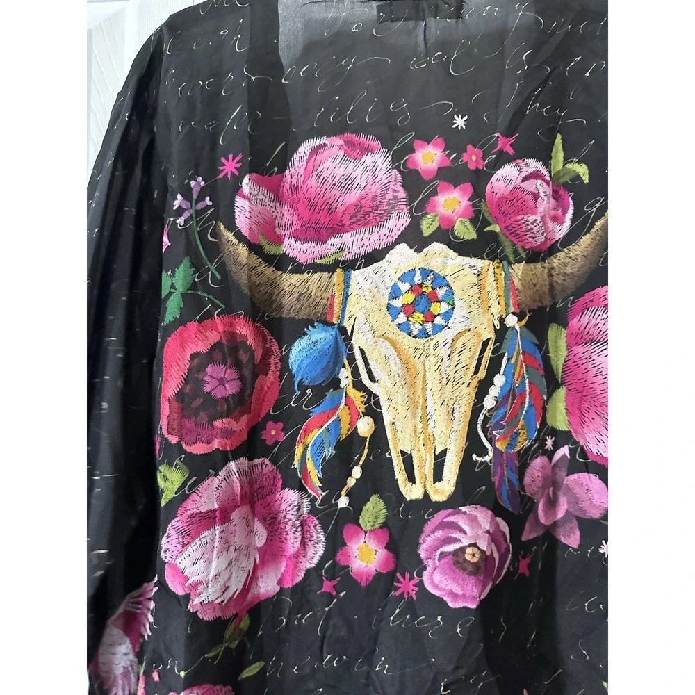 JOHNNY WAS Longhorn Skull 100% SILK SEMI SHEER Kimono Sz XL Birds Floral